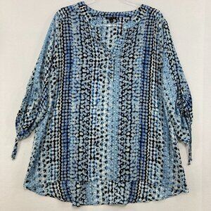 Sami & Jo size XL Blue Black Polka Dot Split Neck Relaxed Ruched Sleeve Blouse